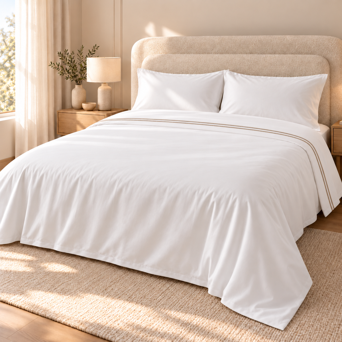 Σεντόνι Super Saten 600 TC με Διπλό Μπεζ Πλακέ – lifestyle εικόνα